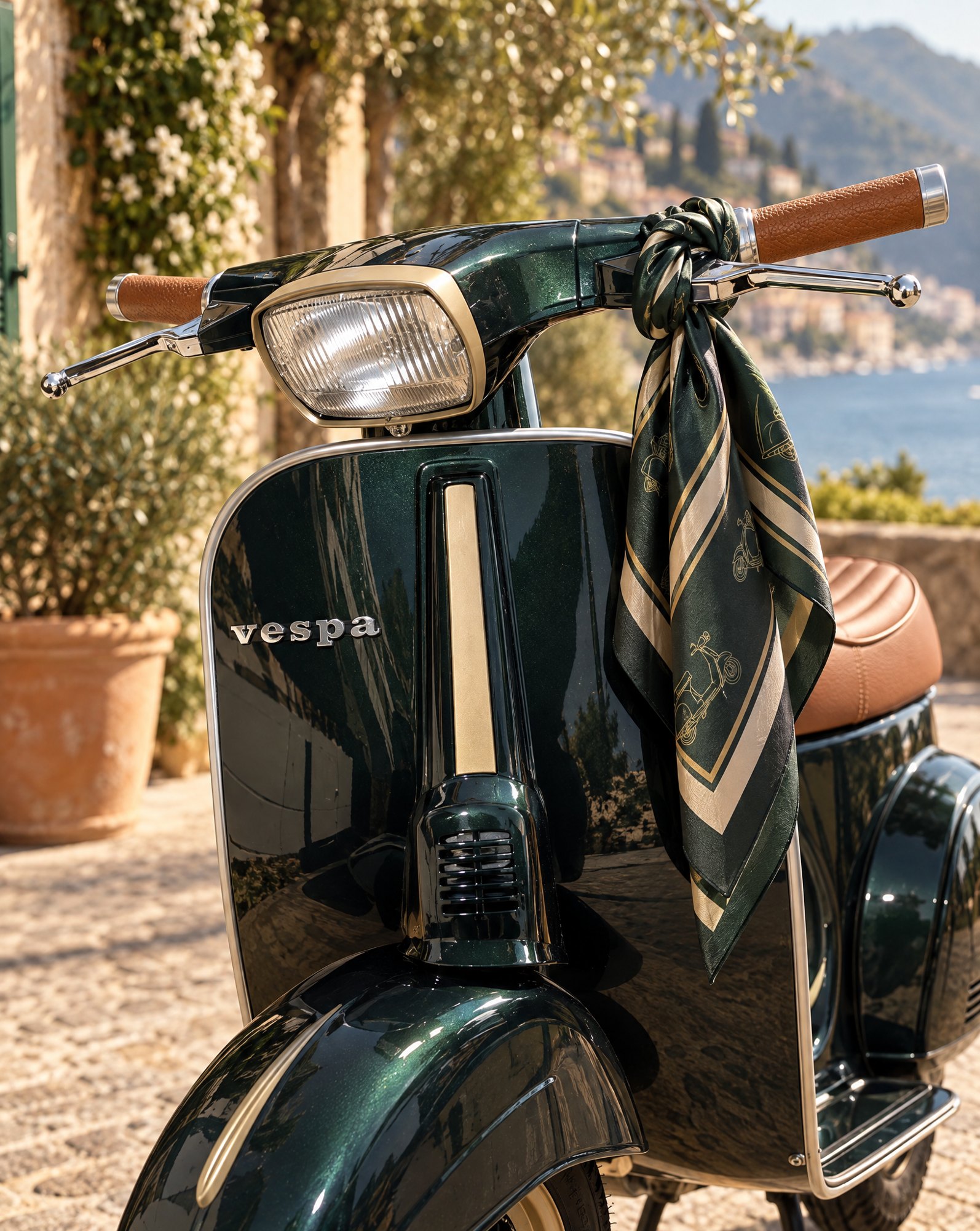 Restaurierte Vespa an der Riviera Restaurierte dunkelgrüne Vespa mit goldenen Details an der Riviera